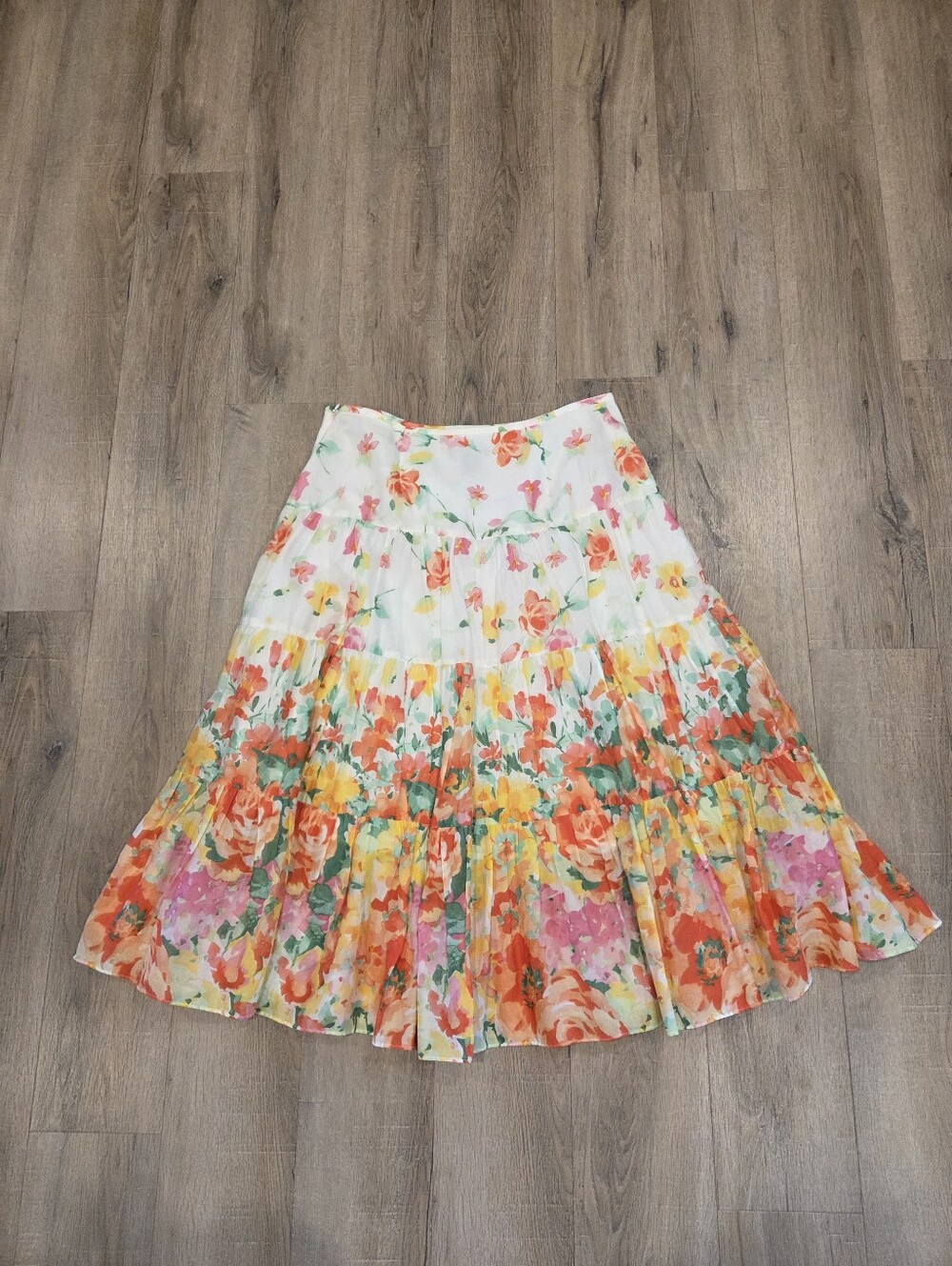 CHAPS Floral Midi Skirt Tiered Peasant Gauzy Cotton Size 8 Cottage Prairie Lined